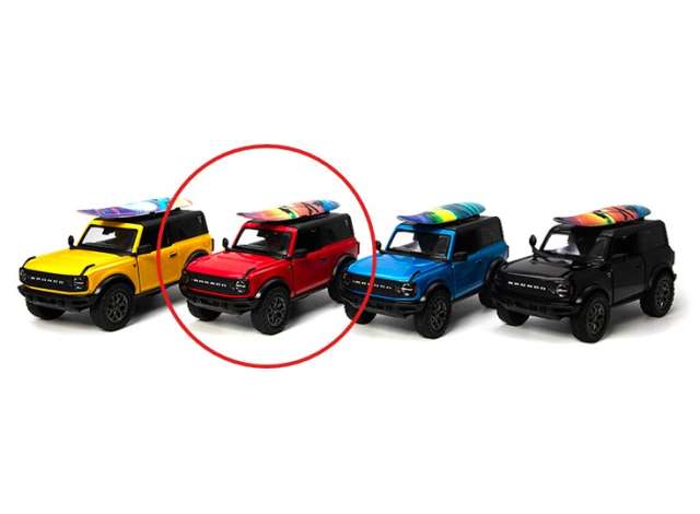 Pre-Order – 2022 Ford Bronco with surfboard, red 1:34 Kinsmart Model (KT5438WSr) – ETA. December 2026