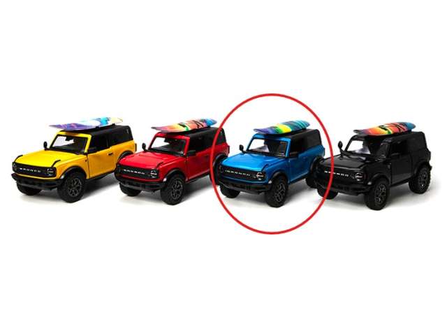 Pre-Order – 2022 Ford Bronco with surfboard, blue 1:34 Kinsmart Model (KT5438WSb) – ETA. December 2026