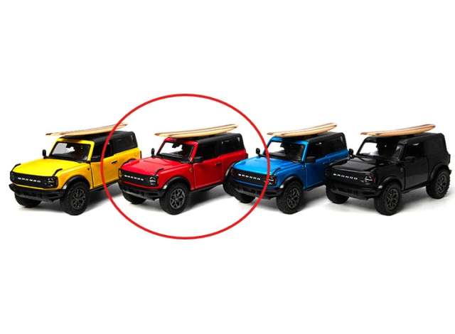 Pre-Order – 2022 Ford Bronco with wooden surfboard, red 1:34 Kinsmart Model (KT5438WS1r) – ETA. December 2026