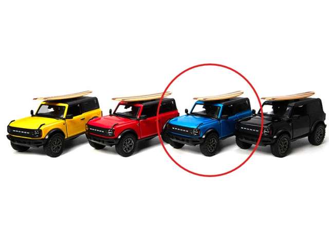 Pre-Order – 2022 Ford Bronco with wooden surfboard, blue 1:34 Kinsmart Model (KT5438WS1b) – ETA. December 2026