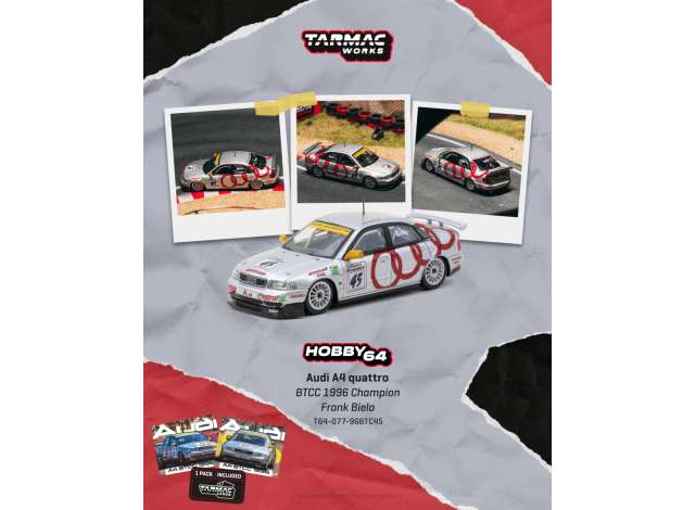 Pre-Order – 1996 Audi A4 Quattro #45 Frank Biela BTCC Champion, silver/red/yellow 1:64 Tarmac Model (TC-T64-077-96BTC45) – ETA. February 2027