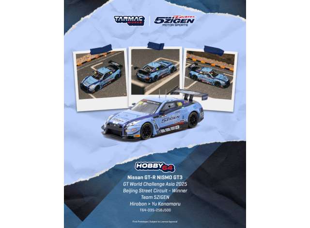 Pre-Order – 2025 Nissan GT-R R35 Nismo GT3 #500 Hirobon/Yu Kanamaru Beijing Street Circuit Winner Team 5Zigen GT World Challenge Asia, blue 1:64 Tarmac Model (TC-T64-035-25BJ500) – ETA. February 2027