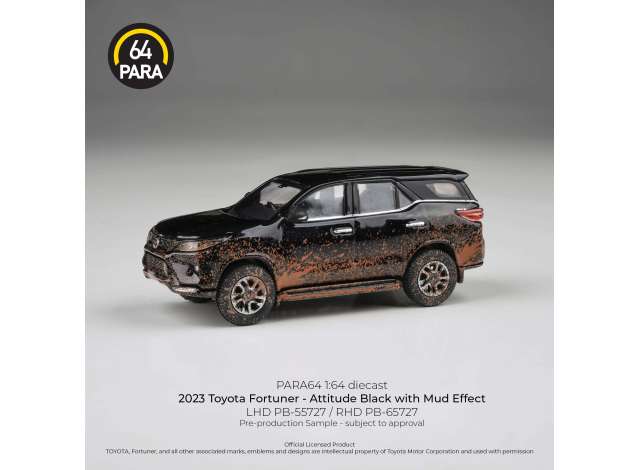 Pre-Order – 2023 Toyota Fortuner, attitude black with mud effect 1:64 Para64 Model (PB65727) – ETA. January 2027