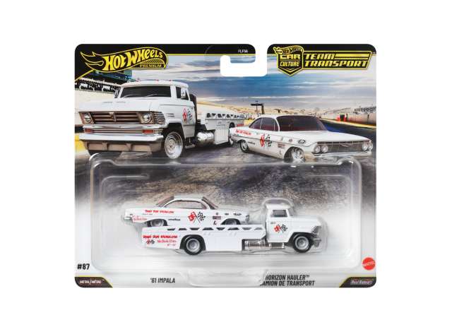 Pre-Order – 1961 Chevrolet Impala + Horizon Hauler *Team Transport series*, white 1:64 Hotwheels Model (HWMVJHX88) – ETA. December 2026