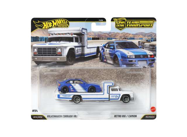 Pre-Order – Volkswagen Corrado VR6 + Retro Rig *Team Transport series*, white/blue 1:64 Hotwheels Model (HWMVJHX95) – ETA. December 2026