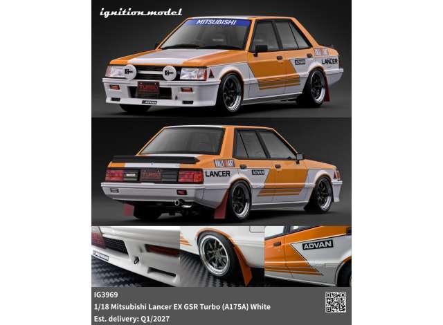 Pre-Order – Mitsubishi Lancer EX GSR Turbo (A175A), white/orange 1:18 Ignition Model (IG3969) – ETA. June 2027