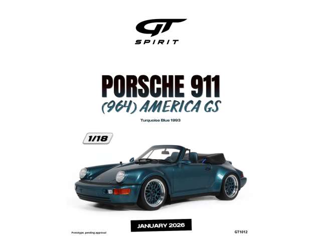 Pre-Order – 1993 Porsche 911 (964) America GS *Resin serie*, turquoise blue 1:18 GT Spirit Model (GT1012) – ETA. May 2027