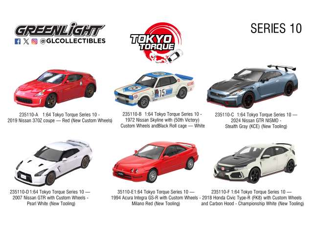 Pre-Order – Tokyo Torque Series 10 Assortment of 6 1:64 GreenLight Model (GL235110~6) – ETA. January 2027