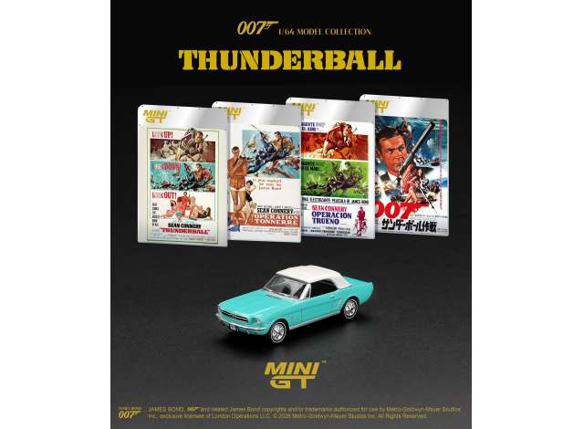 Pre-Order – 1965 Ford Mustang Convertible *Thunderball* Japanese Blister Packaging, turquois 1:64 Mini GT Model (MGT00923-007J) – ETA. March 2027