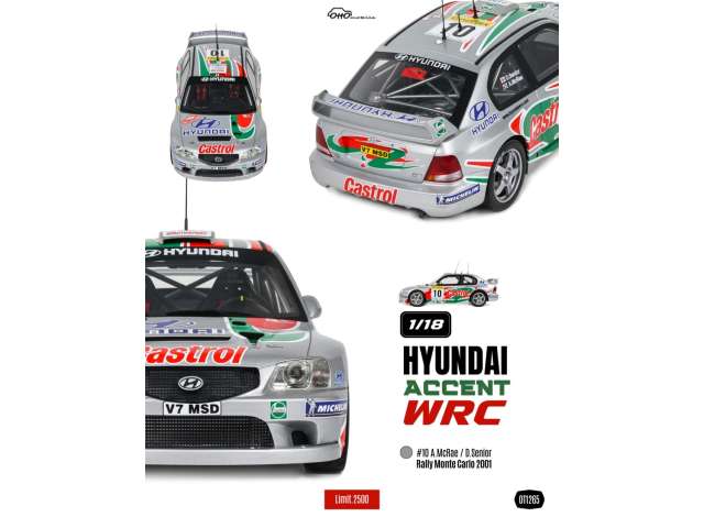 Pre-Order – 2001 Hyundai Accent WRC #10 A.Mcrea/D.Senior Rally Mote Carlo *Resin series*, grey 1:18 OttOmobile Miniatures Model (OT1265) – ETA. January 2027