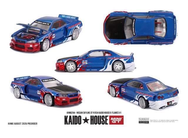 Pre-Order – 1999 Nissan Skyline GT-R (R34) Kaido House Flames V1, blue/red 1:64 Mini GT Model (MGTKHMG294) – ETA. April 2027