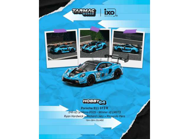 Pre-Order – 2025 Porsche 991 (992) GT3 R #92 Ryan Hardwick 24h of Le Mans CAT Winner, blue 1:64 Tarmac Works Model (TC-T64-084-25LM92) – ETA. May 2027