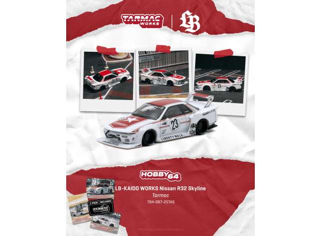 Pre-Order – 2026 Nissen Skyline (R32) LB-Kaido Works Tarmac, white/redd 1:64 Tarmac Works Model (TC-T64-097-25TAS) – ETA. May 2027