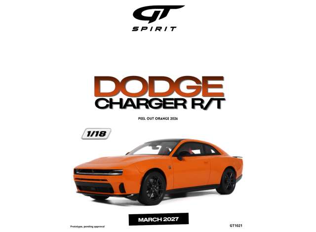 Pre-Order – 2026 Dodge Charger R/T *Resin serie*, peel out orange 1:18 GT Spirit Model (GT1021) – ETA. June 2027
