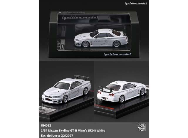Pre-Order – Nissan Skyline GT-R Mine's (R34), white 1:64 Ignition Model (IG4092) – ETA. September 2027