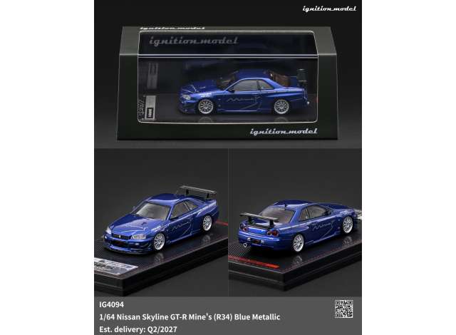 Pre-Order – Nissan Skyline GT-R Mine's (R34), blue metallic 1:64 Ignition Model (IG4094) – ETA. September 2027