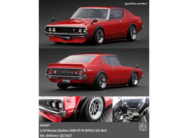 Pre-Order – Nissan Skyline 2000 GT-R (KPGC110), red 1:18 Ignition Model (IG4257) – ETA. September 2027