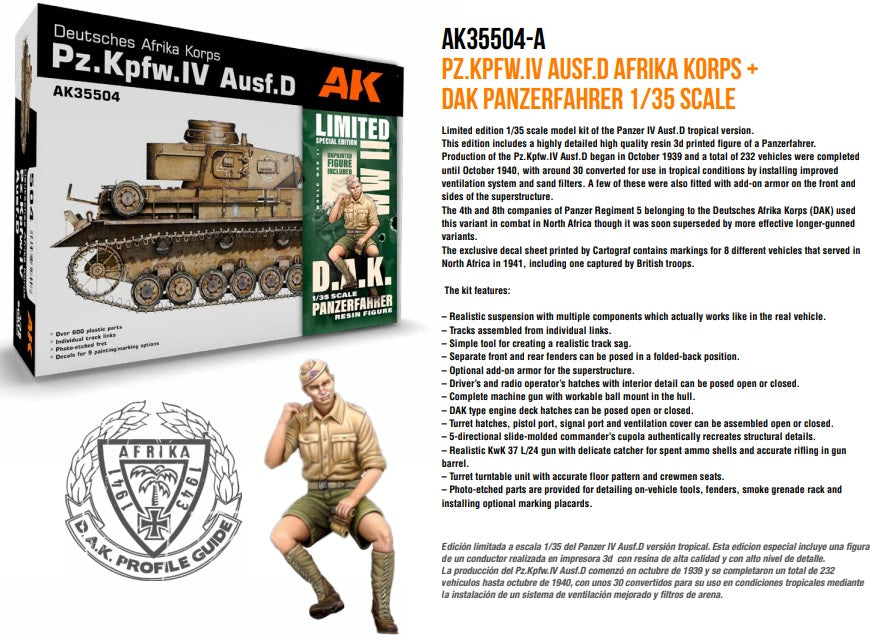 Available To Order – PZ.KPFW.IV AUSF.D Afrika Korps + Dak Panzerfahrer 1:35 AK Interactive Model (AKI 35504A)