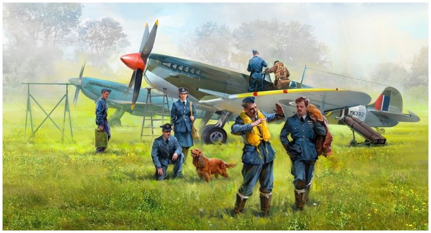 WWII RAF Airfield Set Spitfire Mk.IX Spitfire MkVII w/Pilots & Ground Crew x 7 1:48 ICM Plastic Kits Model (view 2)