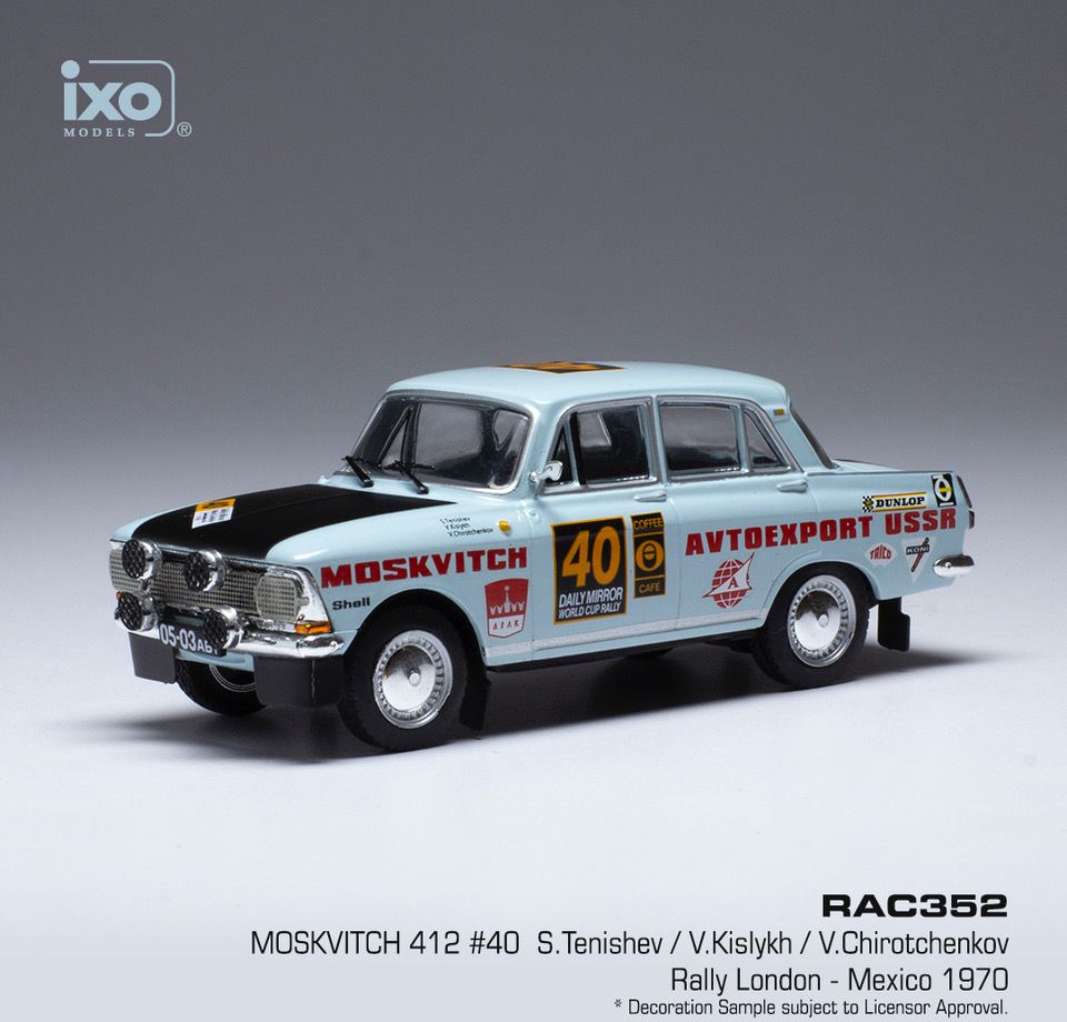 Available To Order – Moskwitsch 412 #40 Rally London/Mexico 1970 S.Tenishev/V.Kislykh 1:43 IXO Model (IXO RAC352)