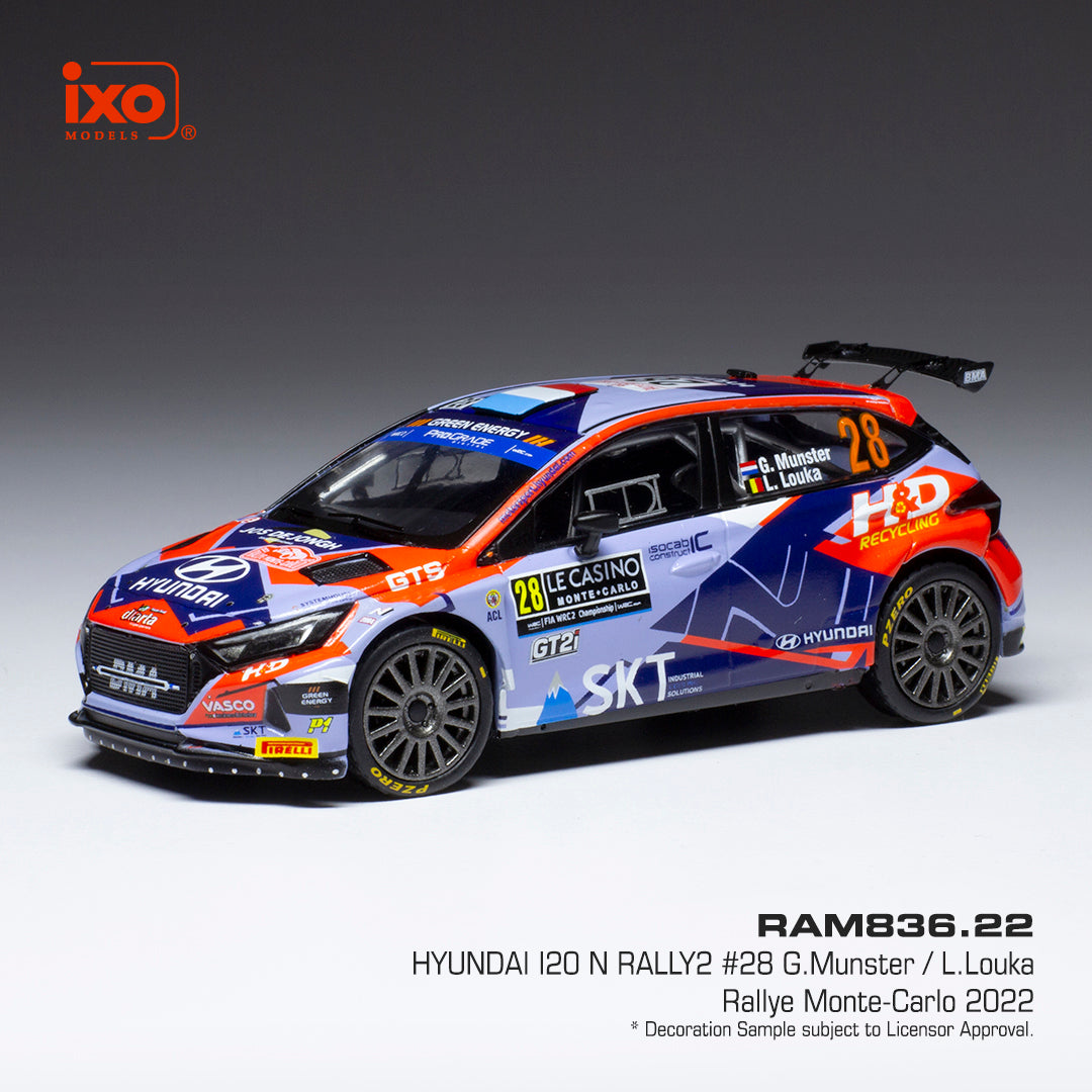 Available To Order – Hyundai i20 N Rally1 #28 WRC Rally Monte Carlo 2022 G.Munster/L.Louka 1:43 IXO Model (IXO RAM836)