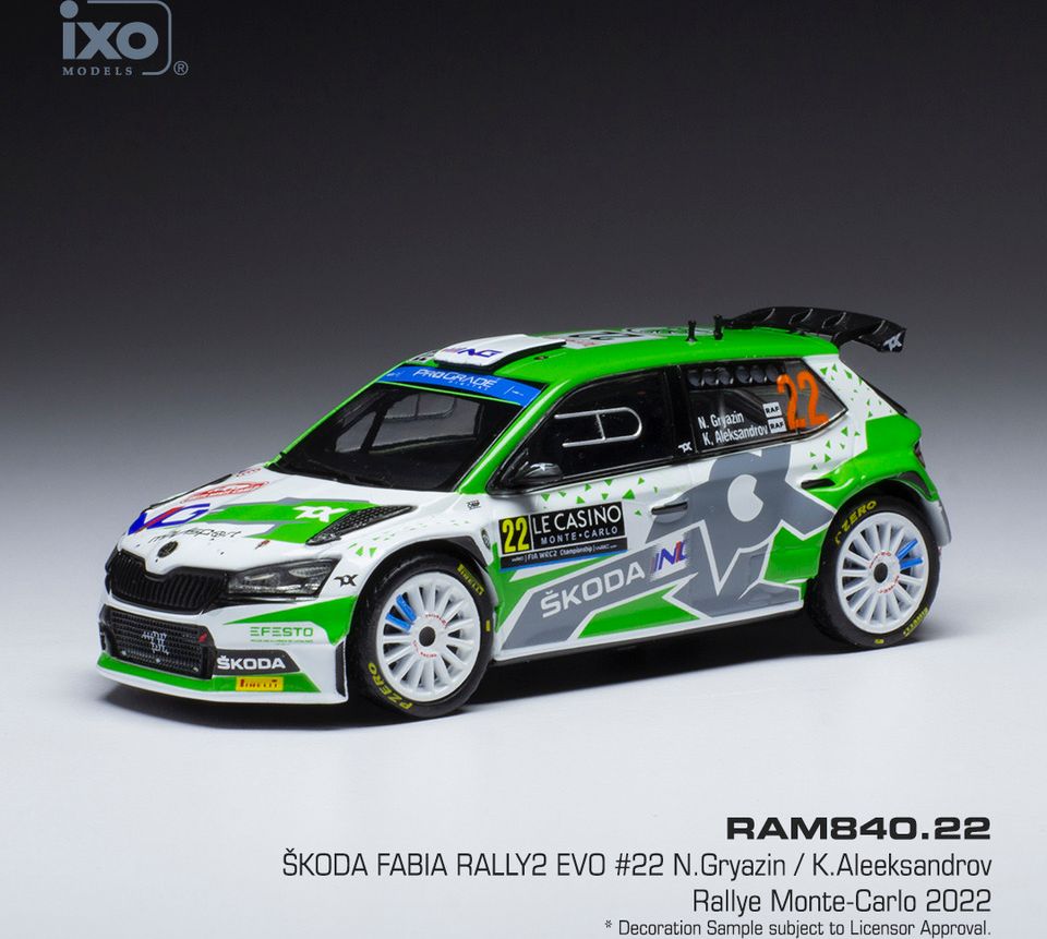 Available To Order – Skoda Fabia Rally2 EVO #22 WRC Rally Monte Carlo 2022 N.Gryazin/K.Aleksandrov 1:43 IXO Model (IXO RAM840)