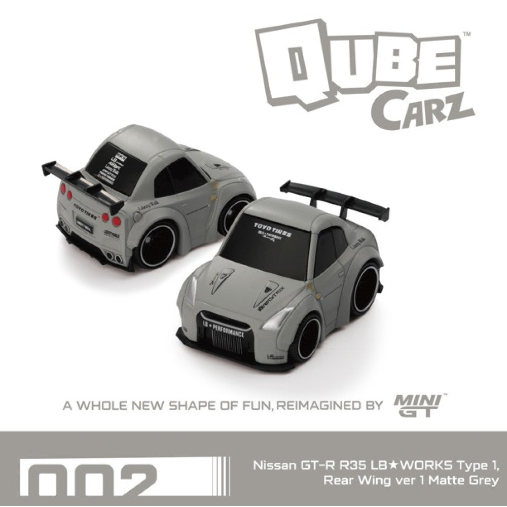 PRE ORDER STOCKS DUE DECEMBER 2025 / JANUARY 2026 1:64 MINI GT QZ002 QUBECARZ NISSAN GT-R R35 LB WORKS TYPE 1 REAR WING VER 1 MATTE GREY
