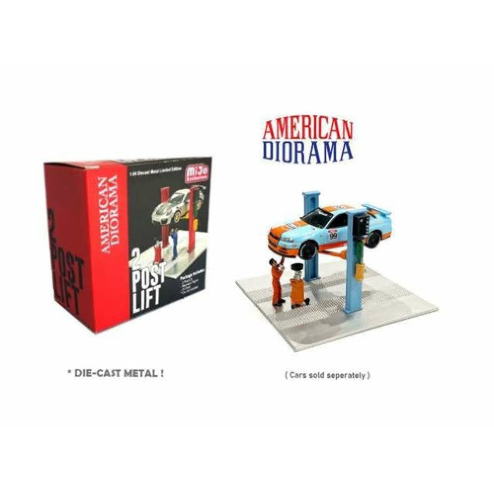 Available to Order – 2 Post Lift with Oil Drainer and Mechanic Figure, Light Blue 1:64 American Diorama Model (AD38379)