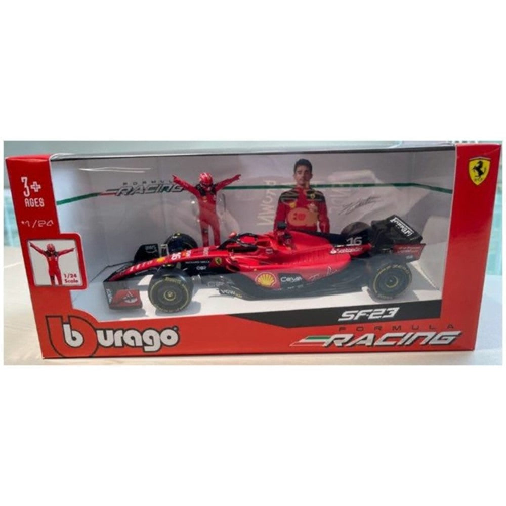 Available To Order – Ferrari SF-23 with Driver Figure Leclerc F1 2023 1:24 Burago Model (BG26809)