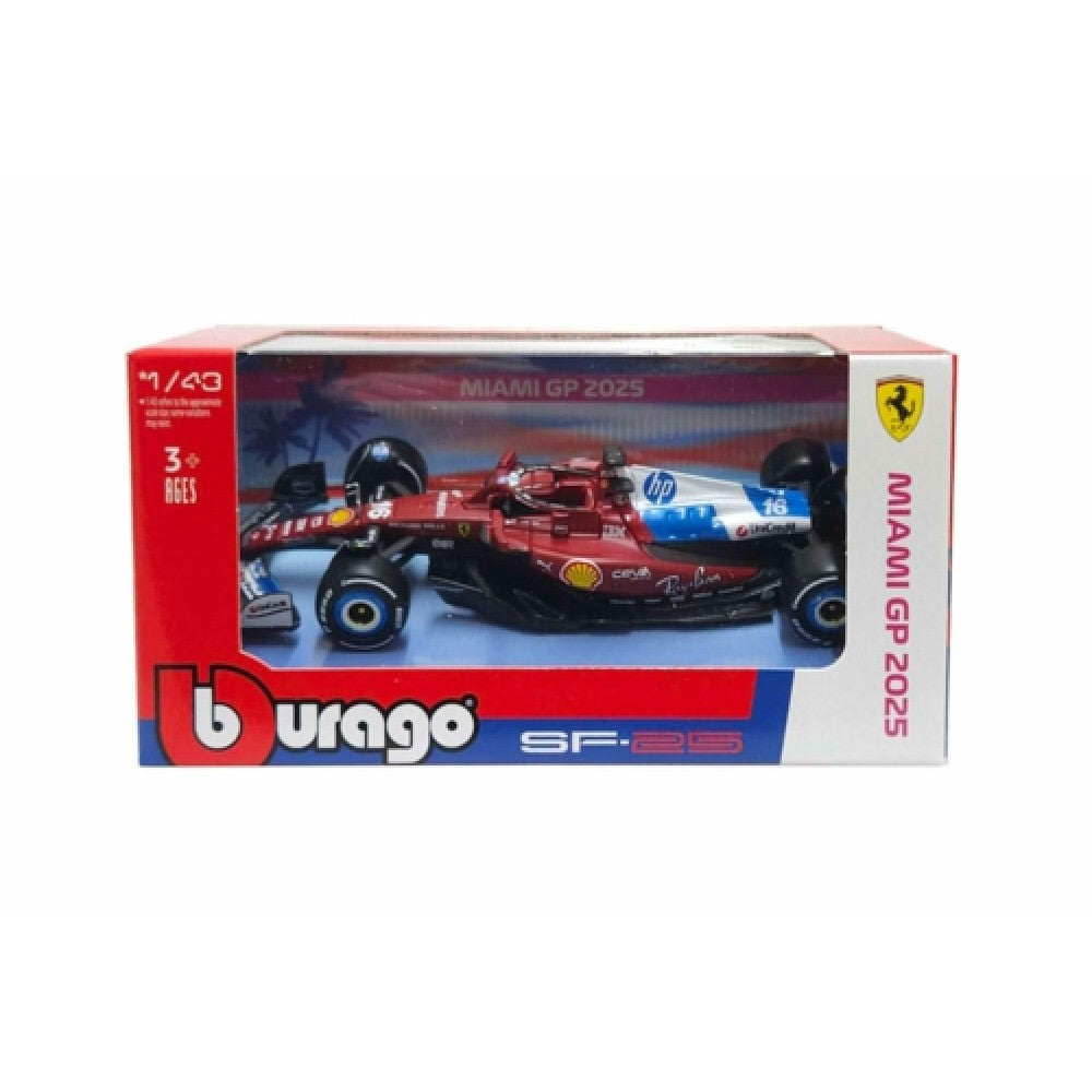 Available to Order – Ferrari F1 SF-25 Team Scuderia Ferrari No.16 - Miami GP 2025 Charles Leclerc 1:43 Burago Model (BG3685316MIAMI)
