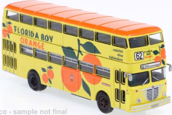Available To Order – Bussing D2U Double decker BVG Florida Boy Orange 1960 Pop Bus 1:87 Brekina Model (BRE 61262)