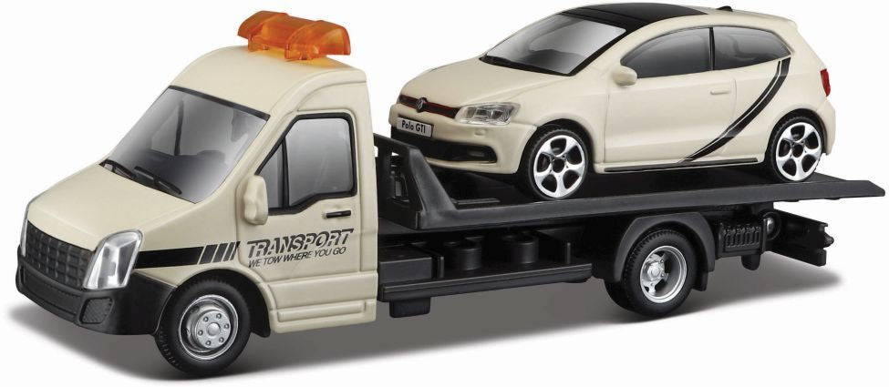 Available To Order – Vw Polo Gti Mark 5 + Flatbed Transporter C Cream 1:43 Bburago Model (BUR 31403)