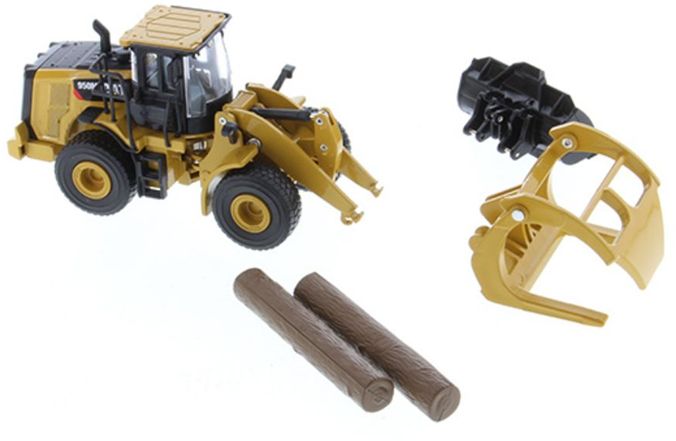 Cat 950M Wheel Loader w/Log Fork (w/Bucket + 2 Round Poles) 1:64 – diecast model