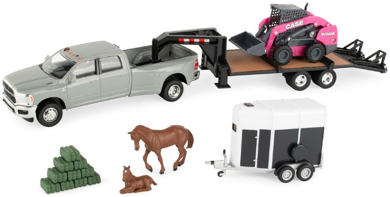 Available To Order – Dodge RAM 3500 w/Gooseneck + Case SV340B Pink + Horsetrailer 1:32 (ERT 47431)
