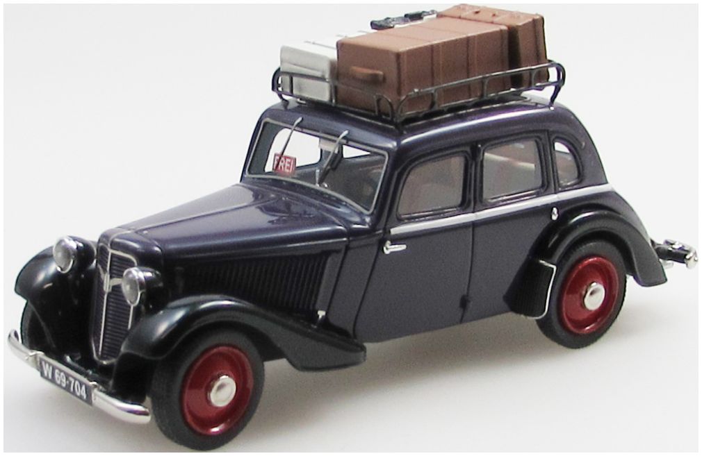 Adler Trumpf Junior 4 Door Sedan Vienna Taxi w/Luggage Purple/Black/Red 1934-39 1:43 – diecast model