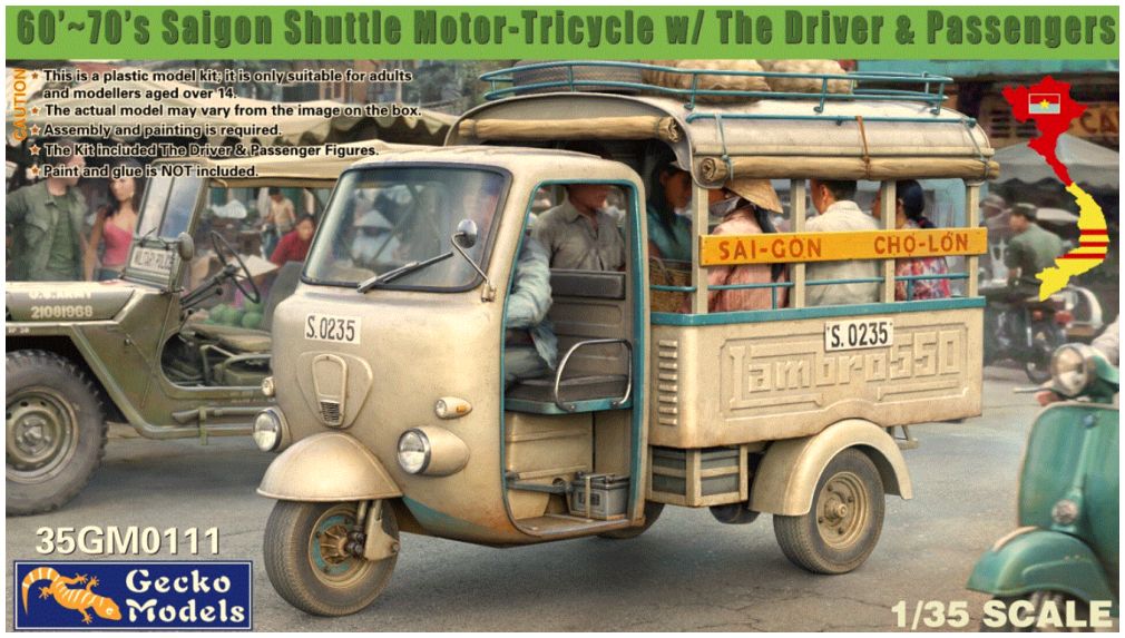 Available To Order – Saigon Shuttle Motor Tricycle with the Driver and Passengers 60'-70's 1:35 Gecko Models (GEC 350111)