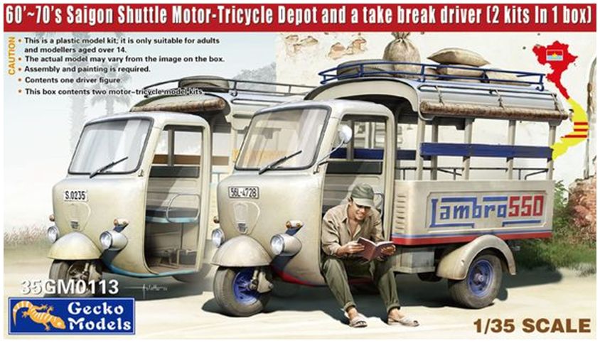 Available To Order – Saigon Shuttle Motor-Tricycle Depot (2 kits) with Driver Taking a Break 60-70s 1:35 Gecko Models (GEC 350113)