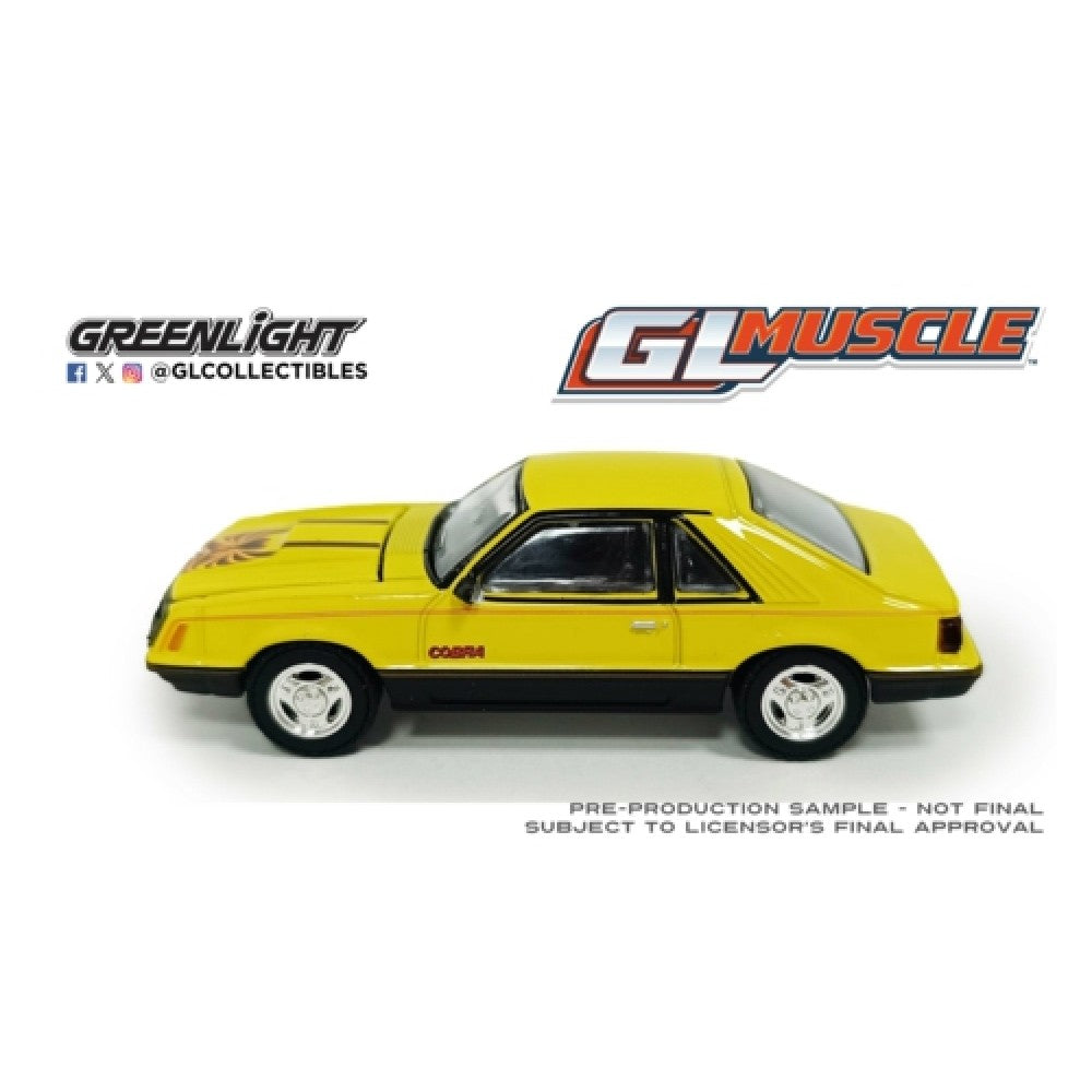 Available to Order – GL Muscle Series 30 - Ford Mustang Cobra Fastback 1979 - Bright Yellow with Black and Red Cobra Hood Graphics and Stripe Treatment 1:64 GreenLight Model (GL13370-C)