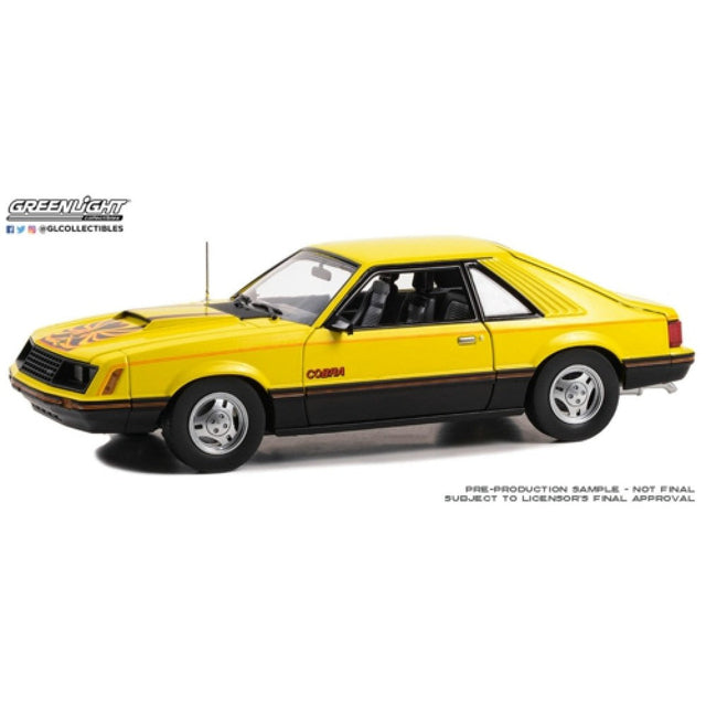 Available To Order – 1979 Ford Mustang Cobra Fastback - Bright Yellow with Black and Red Cobra Hood Graphics and Stripe Treatment 1:18 GreenLight Model (GL13678)