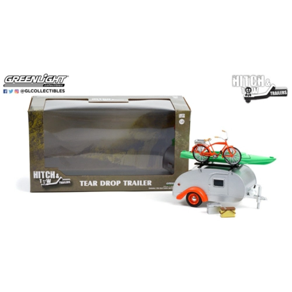 THIS ITEM IS AVAILABLE TO ORDER FROM OUR SUPPLIER - 1:24 GREENLIGHT GL18460-B HITCH AND TOW TRAILERS SERIES 6 TEARDROP TRAILER IN SILVER WITH ORANGE TRIM ROOF RACK, BICYCLE, KAYAK, COOLER AND PICNIC BASKET