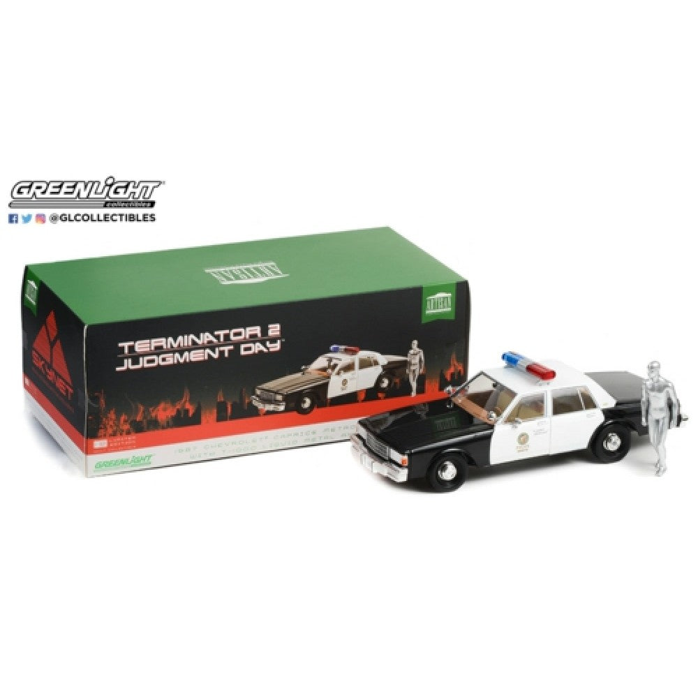 THIS ITEM IS AVAILABLE TO ORDER FROM OUR SUPPLIER - 1:18 GREENLIGHT GL19105 COLLECTION - 1987 CHEVROLET CAPRICE METROPOLITAN POLICE WITH T-1000, LIQUID METAL ANDROID FIGURE TERMINATOR 2