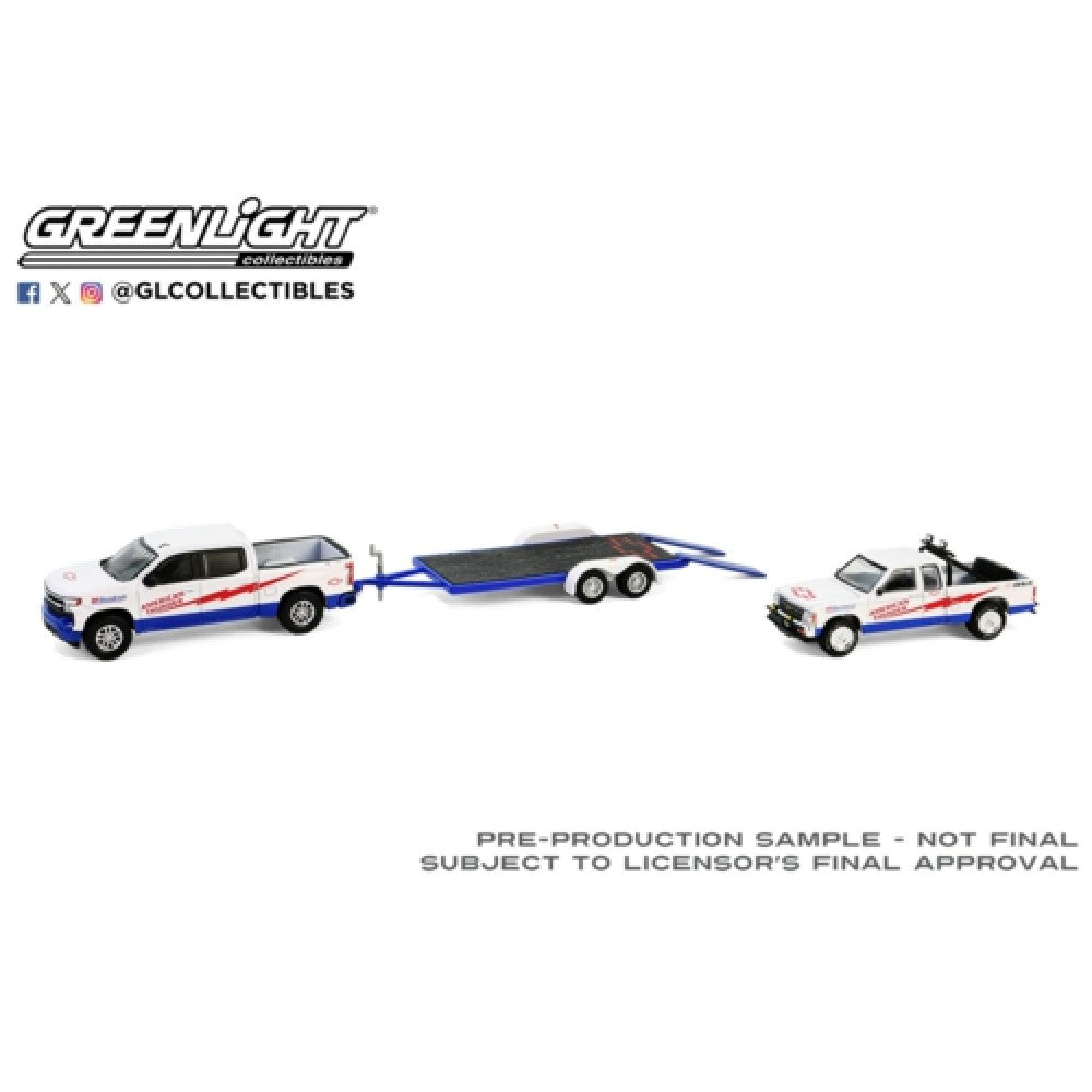 THIS ITEM IS AVAILABLE TO ORDER FROM OUR SUPPLIER - 1:64 GREENLIGHT GL31170-C RACING HITCH & TOW SERIES 5 - 2023 CHEVROLET SILVERADO 1500 AND 1989 CHEVROLET S-10 BAJA-AMERICAN THUNDER WITH FLATBED TRAILER
