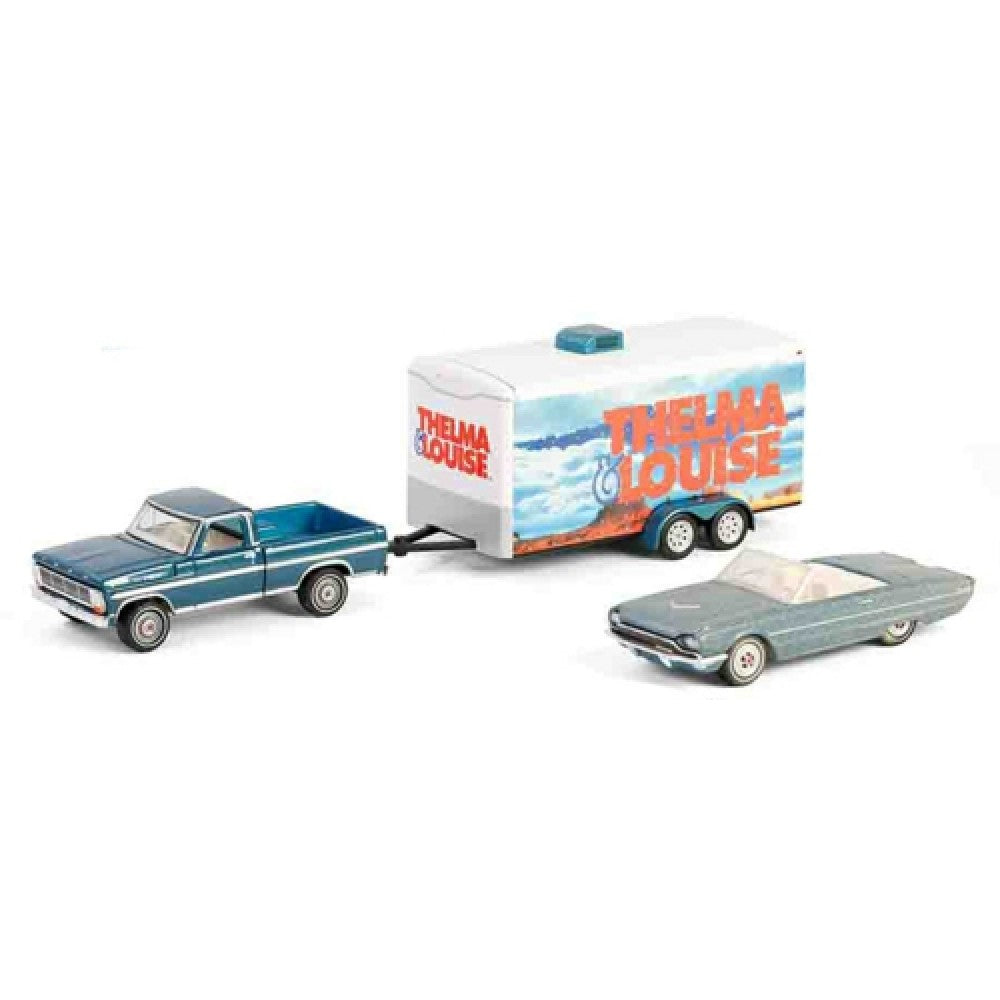 THIS ITEM IS AVAILABLE TO ORDER FROM OUR SUPPLIER - 1:64 GREENLIGHT GL31180-B HOLLYWOOD HITCH AND TOW SERIES 13 - THELMA AND LOUISE -1991 - 1966 FORD THUNDERBIRD CONVERTIBLE - DUST COVERED (TOP-DOWN) WITH 1967 FORD F-250