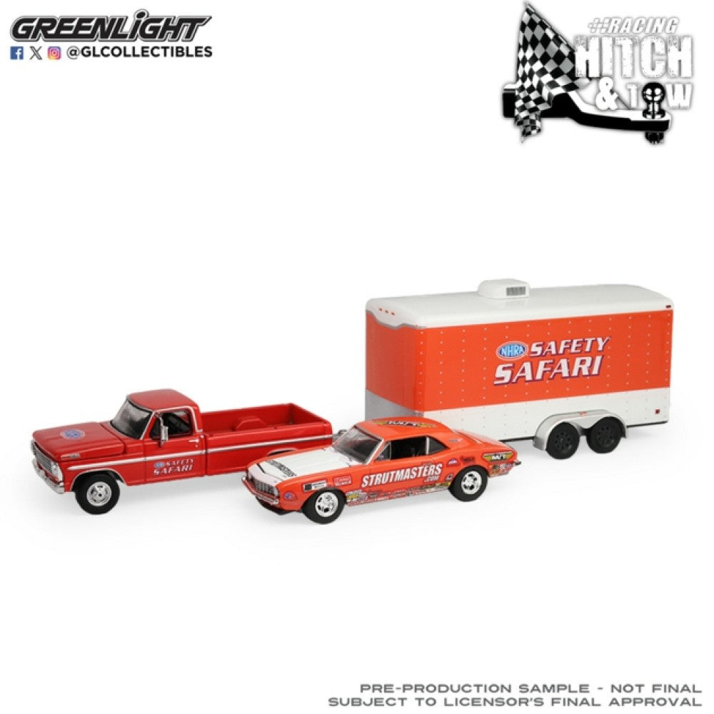 Available to Order – Racing Hitch and Tow Series 6 - Ford F-250 1969 and Chevy Z/28 Camaro 1969 - Dan Fletcher with Enclosed Hauler Safety Safari 1:64 GreenLight Model (GL31190-A)