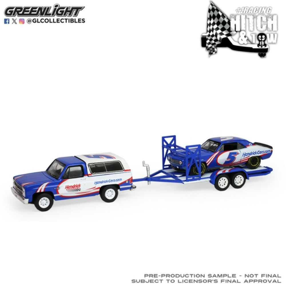 Available to Order – Racing Hitch and Tow Series 6 - Ram 2500 2017 and Ford Mustang Gt Gulf 2024 with Flatbed Trailer 1:64 GreenLight Model (GL31190-C)