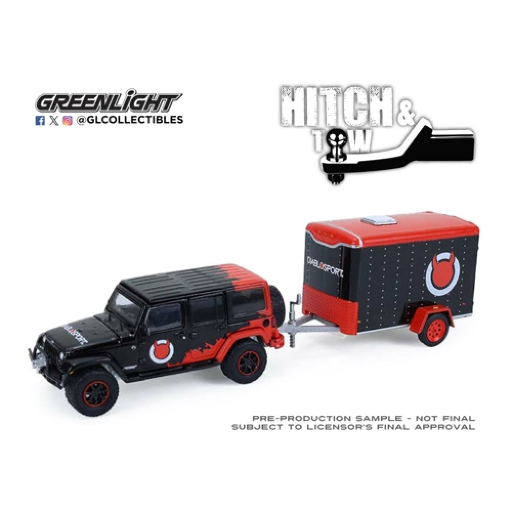 Available to Order – Hitch and Tow Series 33 - 2021 Jeep Wrangler Unlimted with Small Cargo Trailer Diablo Sport 1:64 GreenLight Model (GL32330-C)
