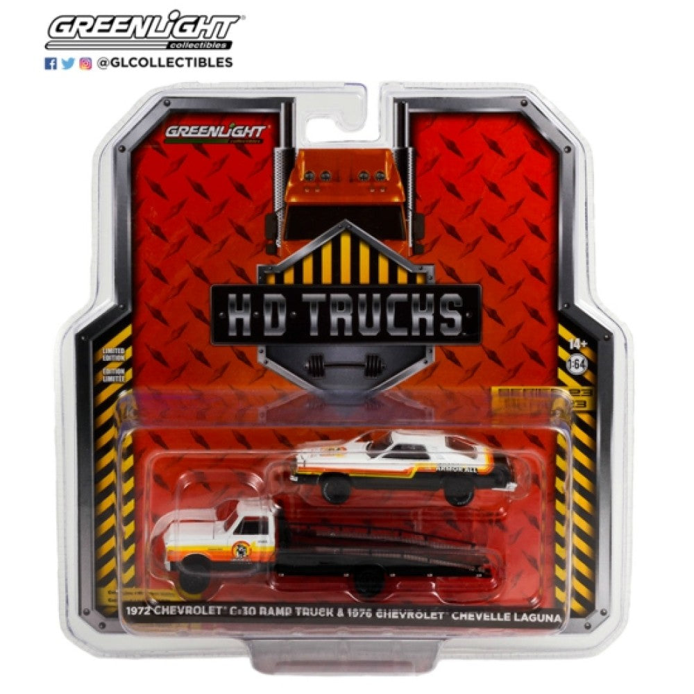 THIS ITEM IS AVAILABLE TO ORDER FROM OUR SUPPLIER - 1:64 GREENLIGHT GL33230-A H.D. TRUCKS SERIES 23 1972 CHEVY C-30 RAMP TRUCK WITH 1976 CHEVROLET CHEVELLE LAGUNA ARMOUR ALL