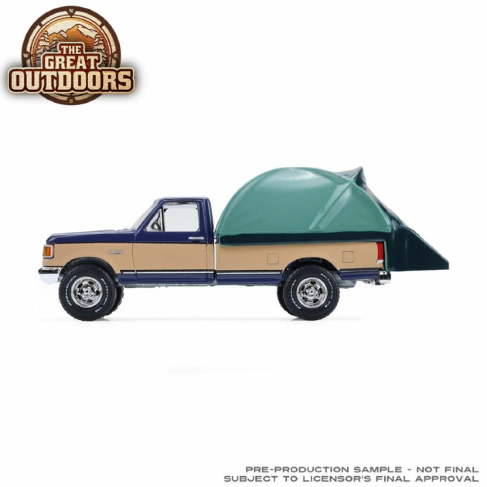 Available to Order – The Great Outdoors Series 4 - 1987 Ford F-150 Xlt Lariat - Dark Blue and Tan with Modern Truck Bed Tent 1:64 GreenLight Model (GL38080-D)