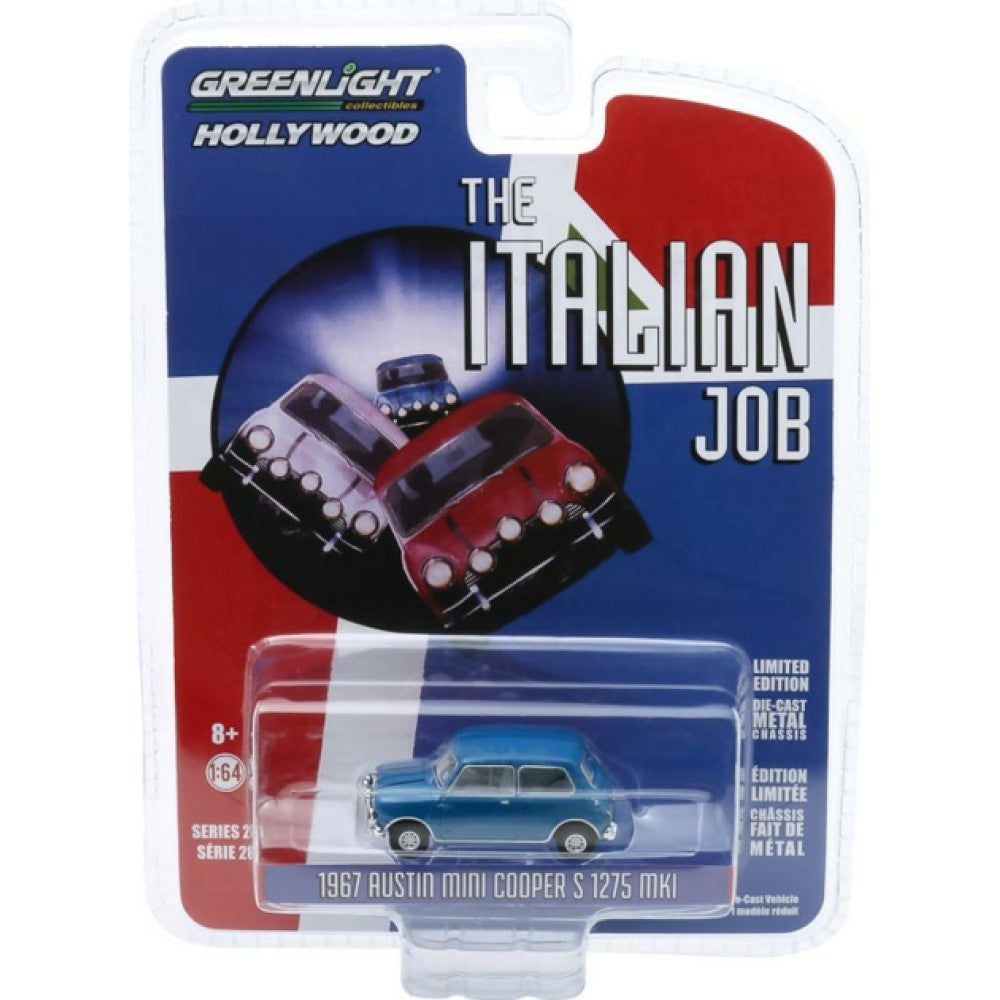 1967 Austin Mini Cooper S 1275 MkI Blue with Black Leather Straps the Italian Job (1969) Hollywood Series 28 1:64 GreenLight Model Car (GL44880-A)