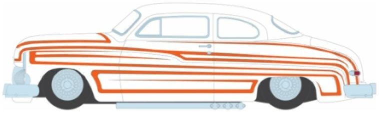 Available to Order – Mercury Eight Coupe Matte White w/Metallic Orange Scallops 1950 1:64 GreenLight Model (GRE 63070B)